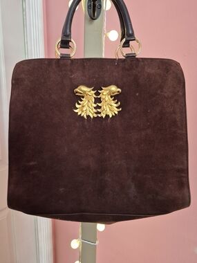 Valentino Garavani Dark Brown  Suede Top-Handle Tote with Gold Accent